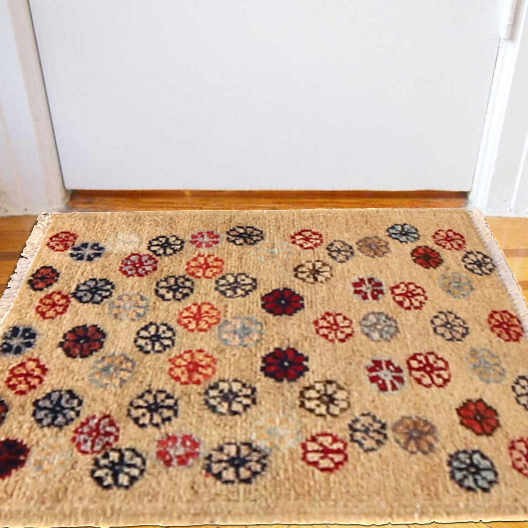 White Afghan Doormat Rug 1' 4" x 1' 9" Hand-Knotted view