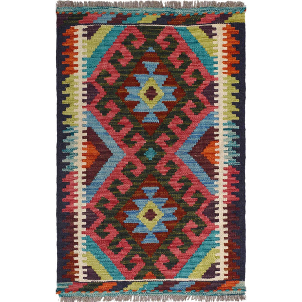 Colorful Flat-Weave Wool Kilim 1' 11 x 2' 11" - No. AL61542