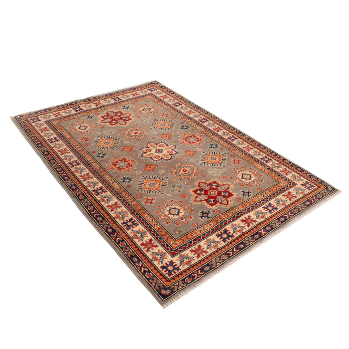 Gray Afghan Kazak Rug 4' 11" x 5' 11" Hand-Knotted close-up