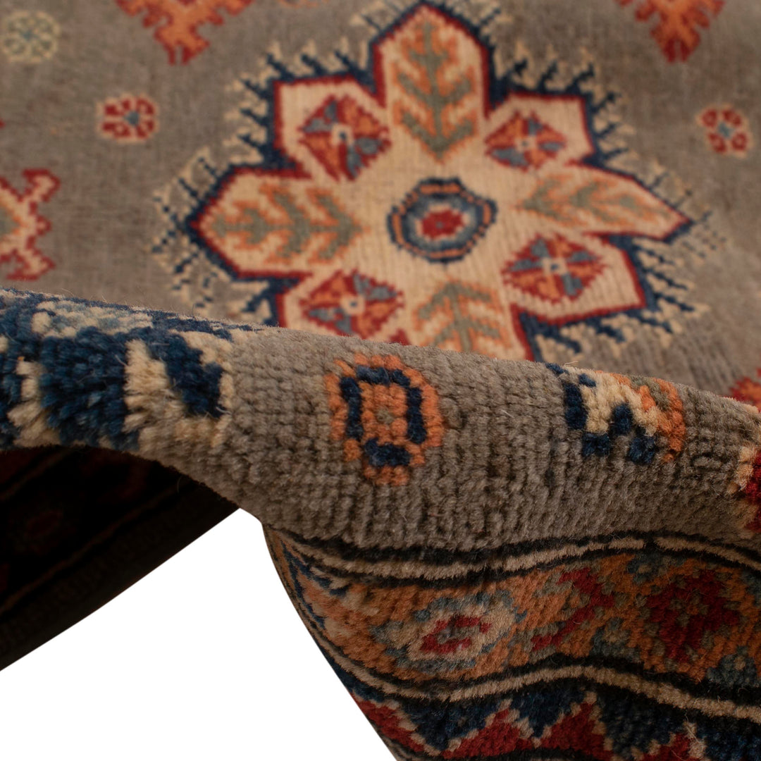 Gray Afghan Kazak Rug 4' 11" x 5' 11" Hand-Knotted reverse