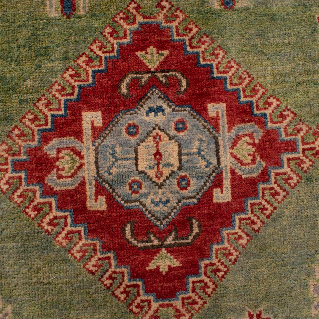 Green Afghan Kazak Rug 4' 11" x 6' 7" Hand-Knotted | No. AL27754