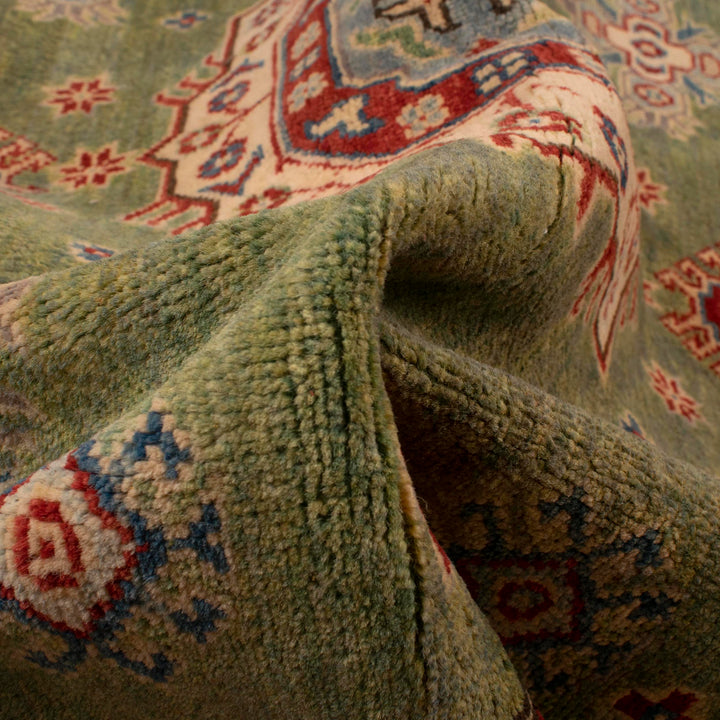 Green Afghan Kazak Rug 4' 11" x 6' 7" Hand-Knotted | No. AL27754