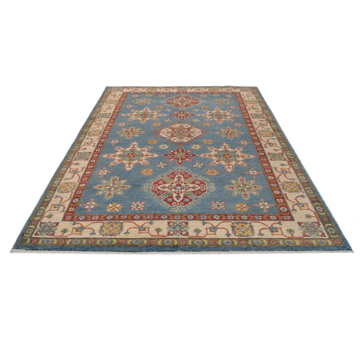 Blue Afghan Kazak Rug 6' 7" x 9' 3" Hand-Knotted | No. AL47435