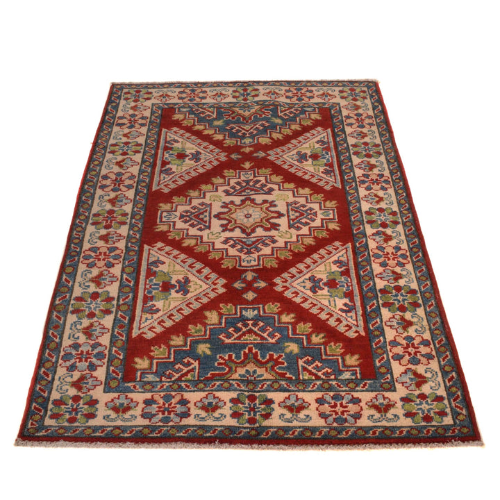 Red Afghan Kazak Rug 3' 3" x 4' 10" Hand-Knotted | No. AL78858