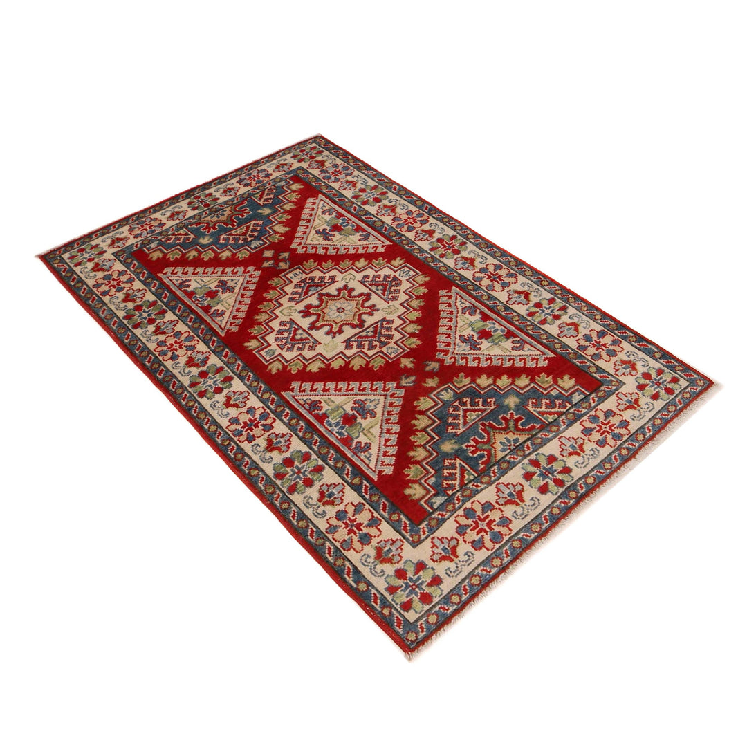 Red Afghan Kazak Rug 3' 3" x 4' 10" Hand-Knotted | No. AL78858