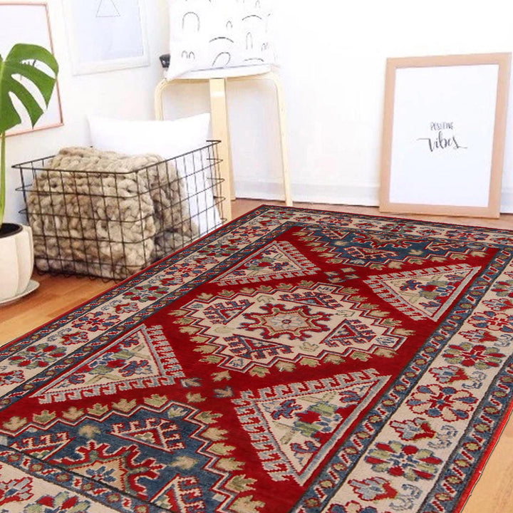 Red Afghan Kazak Rug 3' 3" x 4' 10" Hand-Knotted | No. AL78858
