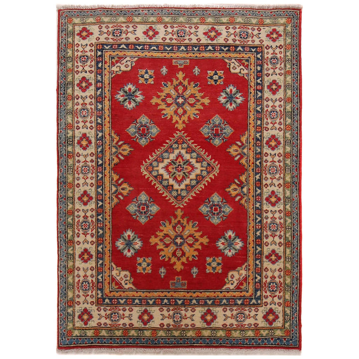 Red Afghan Kazak Rug 3' 3" x 4' 9" Hand-Knotted