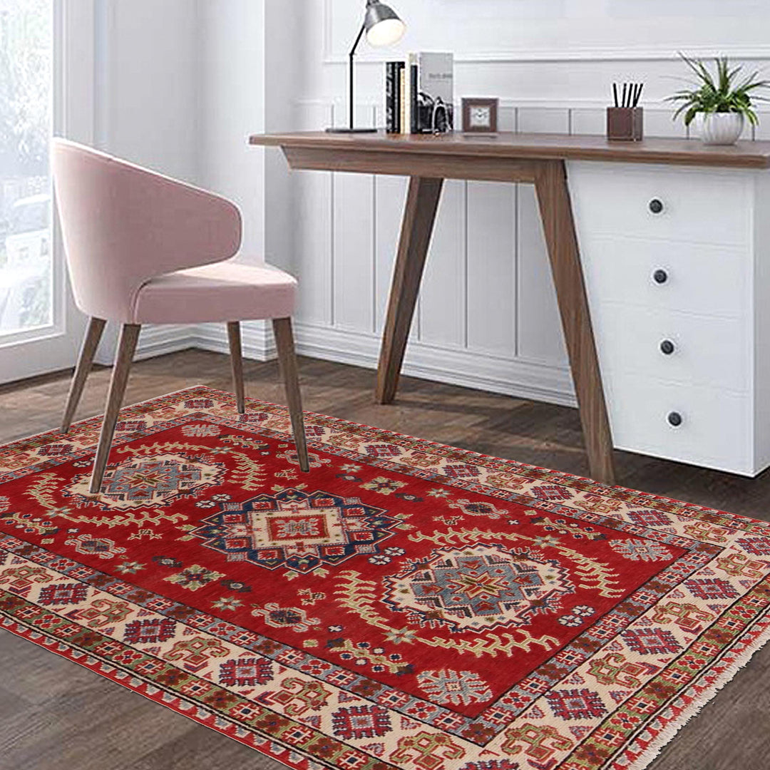 Red Afghan Kazak Rug 3' 2" x 4' 11" Hand-Knotted view 9