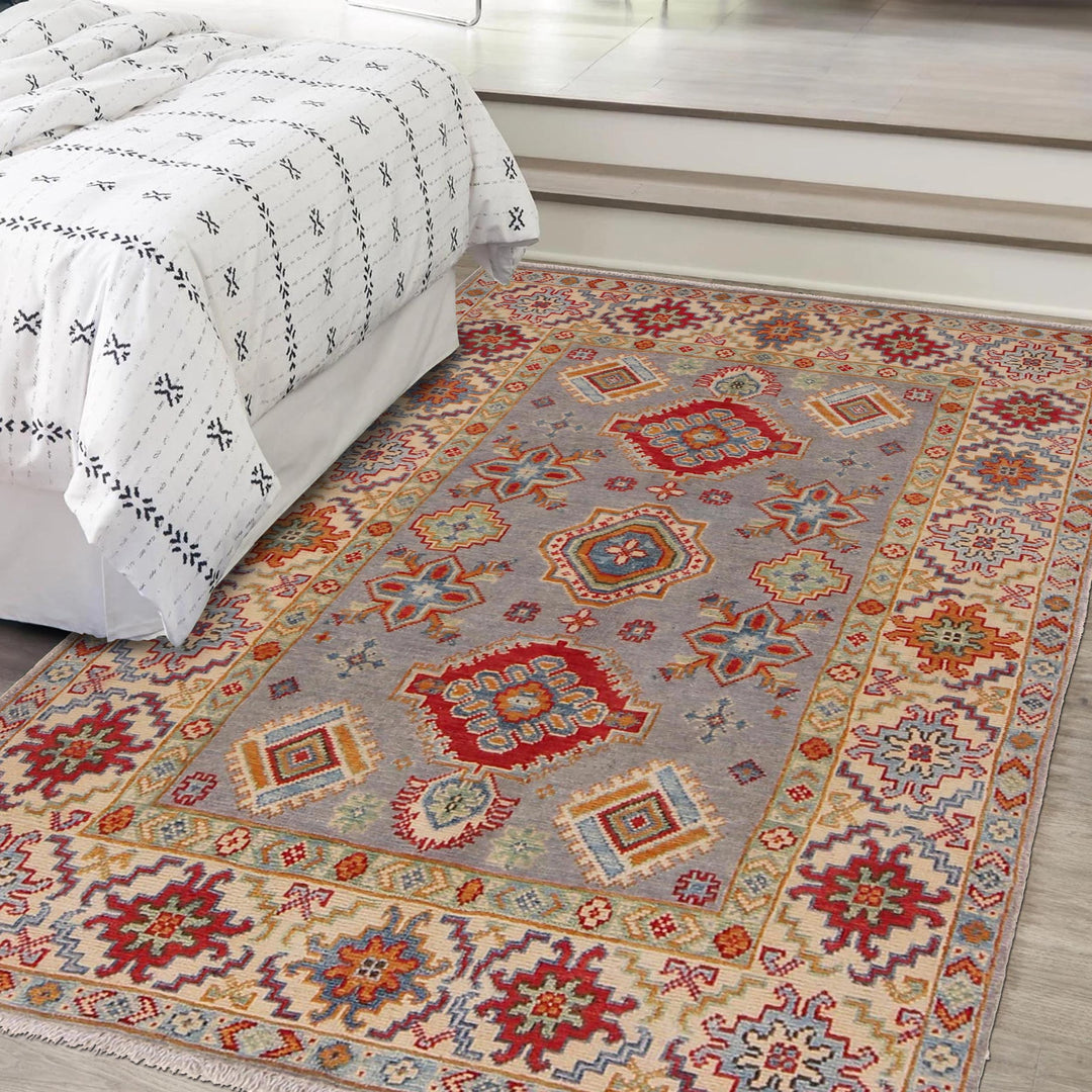 Gray Afghan Kazak Rug 3'5" x 5'1" Hand-Knotted | No. AL15602