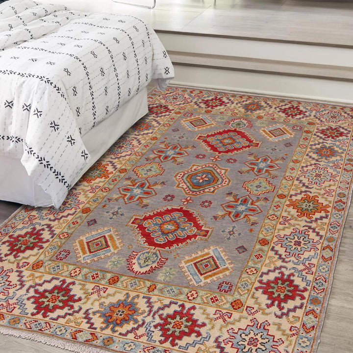 Gray Afghan Kazak Rug 3'5" x 5'1" Hand-Knotted | No. AL15602
