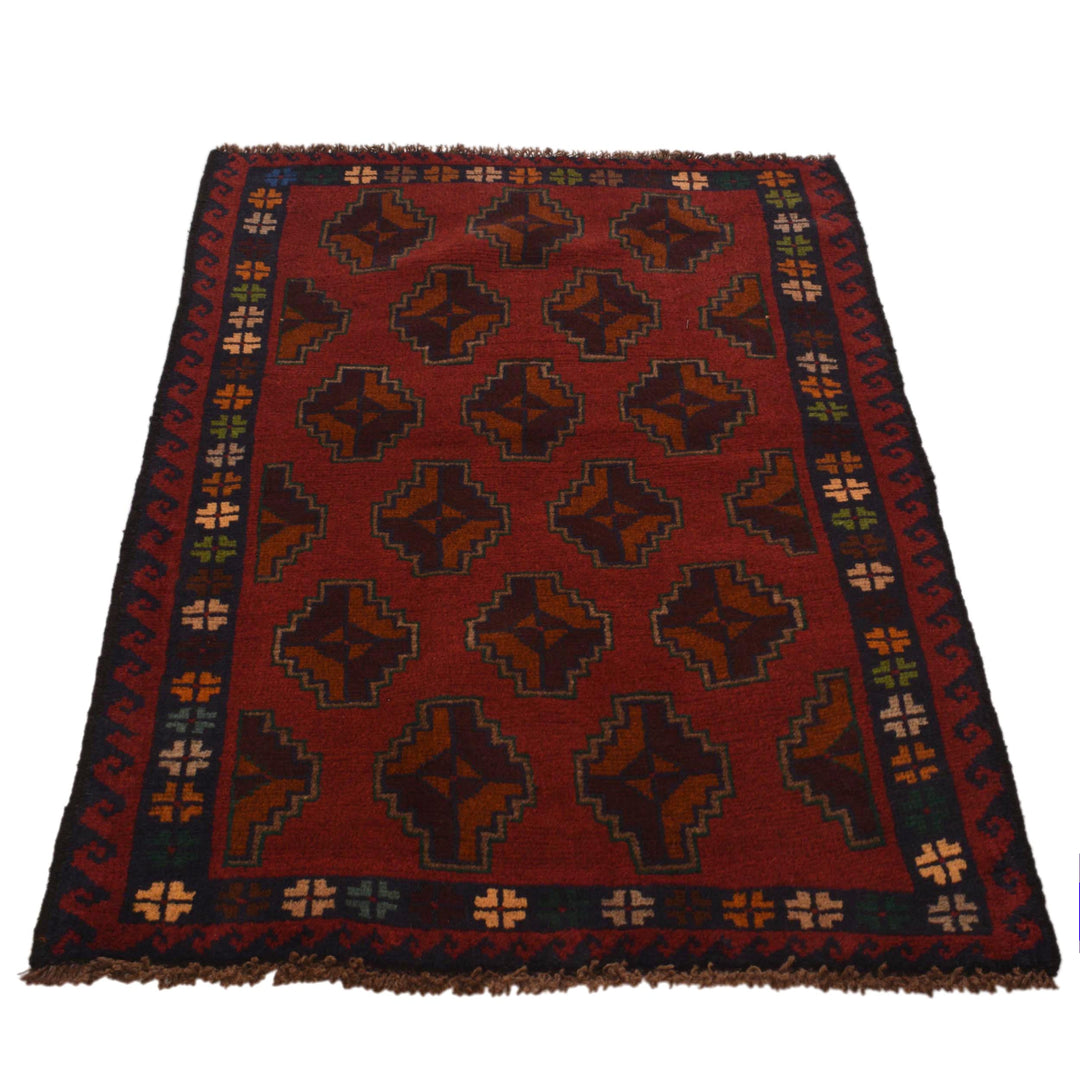 Red Afghan Baluchi Rug 2' 11" x 4' 5" Hand-Knotted detail