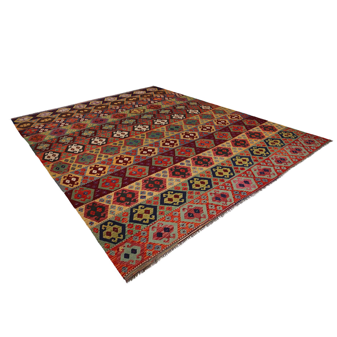 Afghan Kilim Rug 9' 7" x 13' 1" Flat-Weave close-up