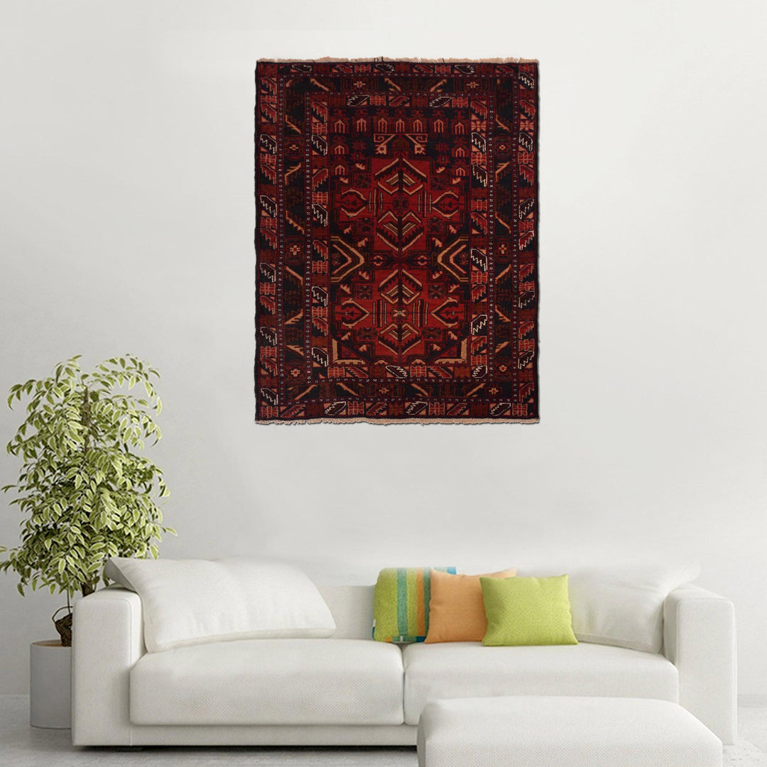 Red Afghan Prayer Rug 3' 1" x 4' 6" Hand-Knotted detail