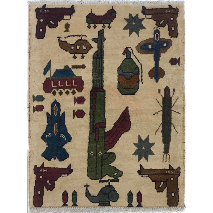 Beige Afghan War Rug 2' 0" x 2' 6" Hand-Knotted | No. AL64708