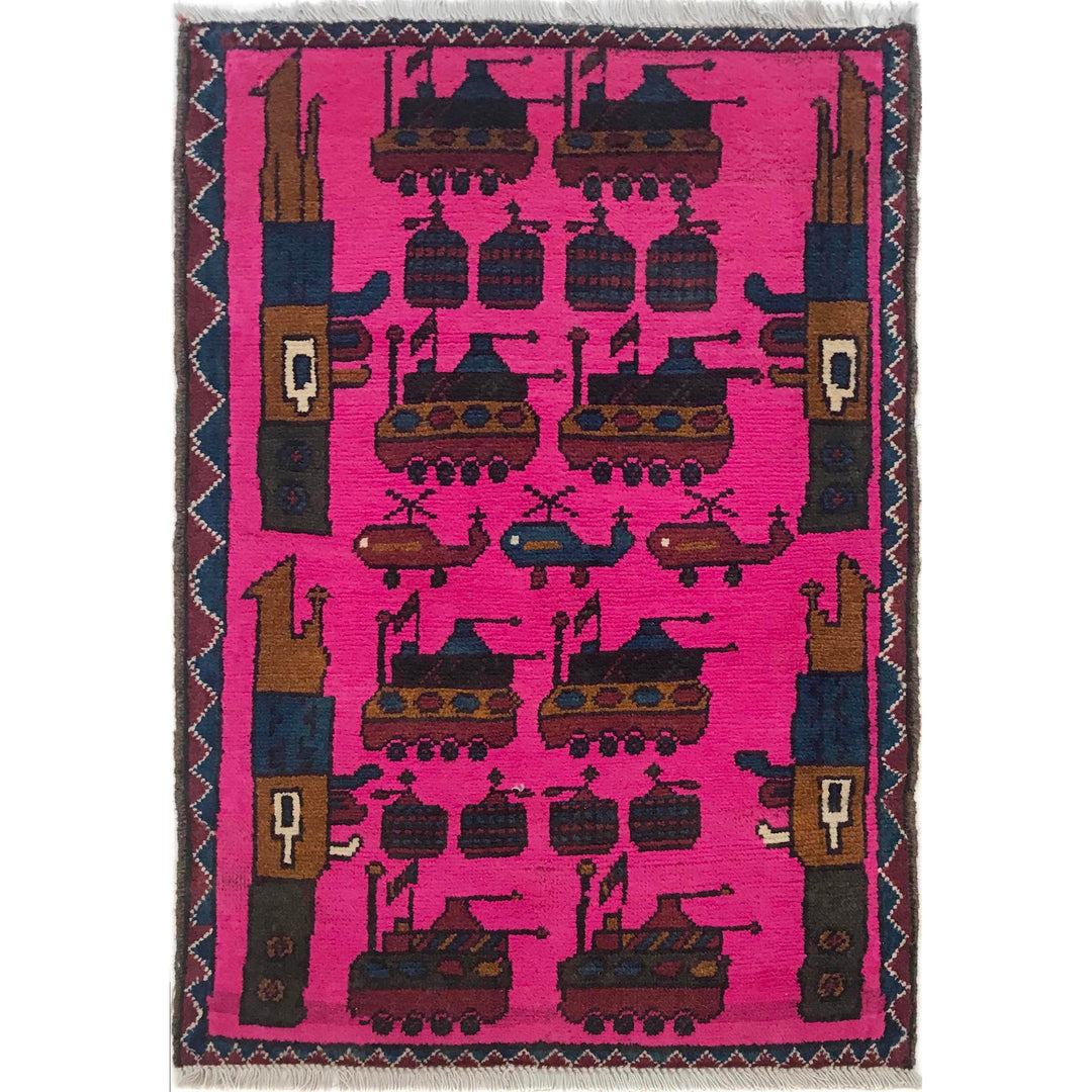Pink Afghan War Rug 2' 0" x 2' 11" Hand-Knotted
