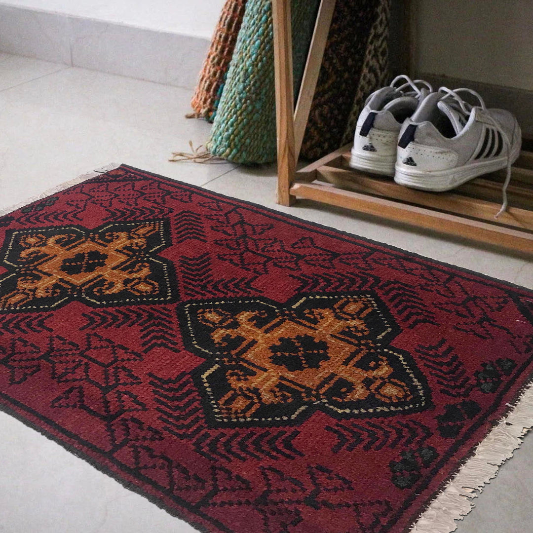Red Afghan Oriental Rug 1' 5" x 2' 0" Hand-Knotted | No. AL20133