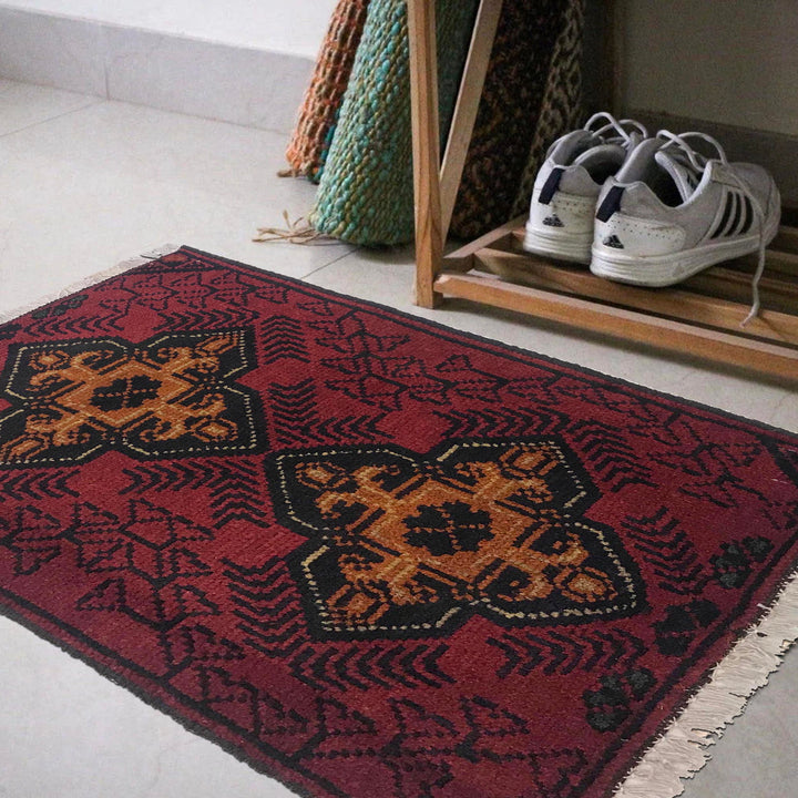 Red Afghan Oriental Rug 1' 5" x 2' 0" Hand-Knotted | No. AL20133
