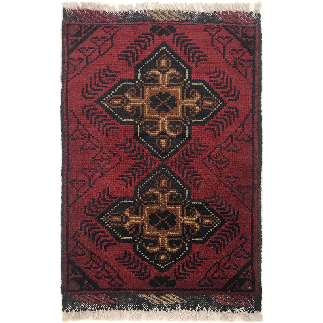 Red Afghan Oriental Rug 1' 5" x 2' 3" Hand-Knotted