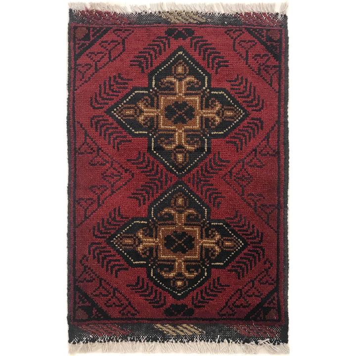 Red Afghan Oriental Rug 1' 5" x 2' 3" Hand-Knotted