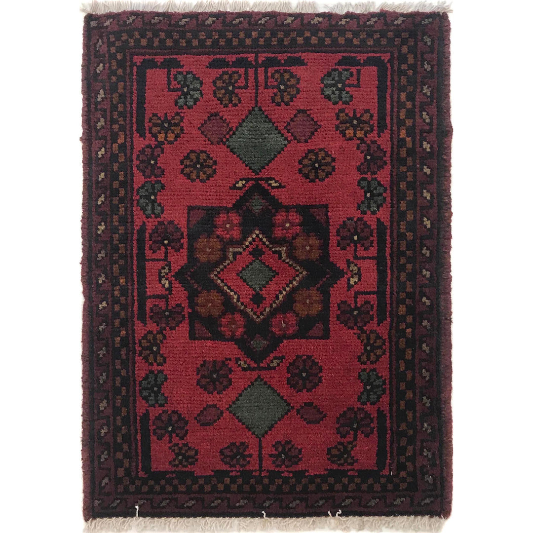 Red Afghan Oriental Rug 1' 5" x 2' 0" Hand-Knotted