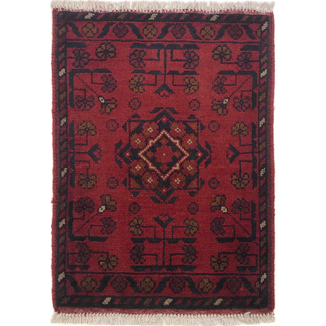 Red Afghan Oriental Rug 1'6" x 2'2" Hand-Knotted