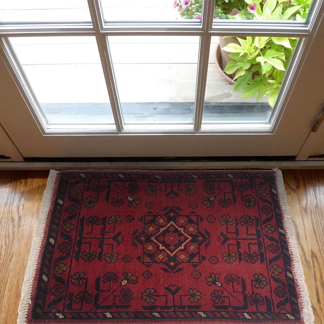 Red Afghan Oriental Rug 1'6" x 2'2" Hand-Knotted view