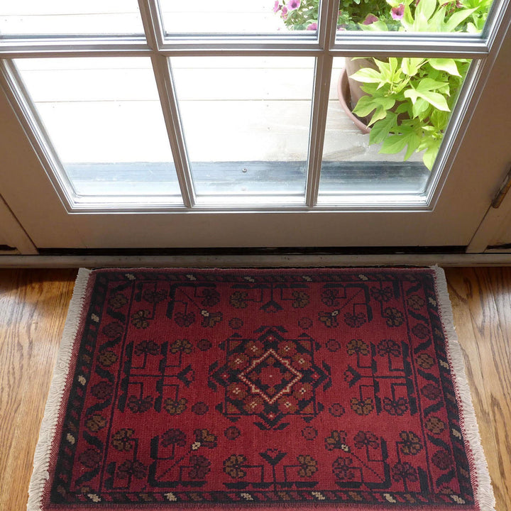 Red Afghan Oriental Rug 1'6" x 2'2" Hand-Knotted view