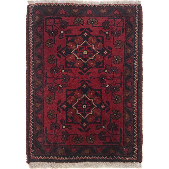 Red Afghan Oriental Rug 1' 5" x 1' 10" Hand-Knotted