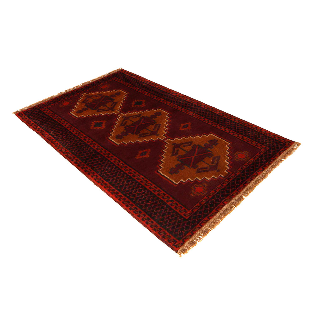 Red Afghan Baluchi Rug 2' 10" x 4' 8" Hand-Knotted close-up