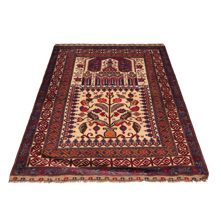 Beige Afghan Prayer Rug 3' 3" x 4' 4" Hand-Knotted detail