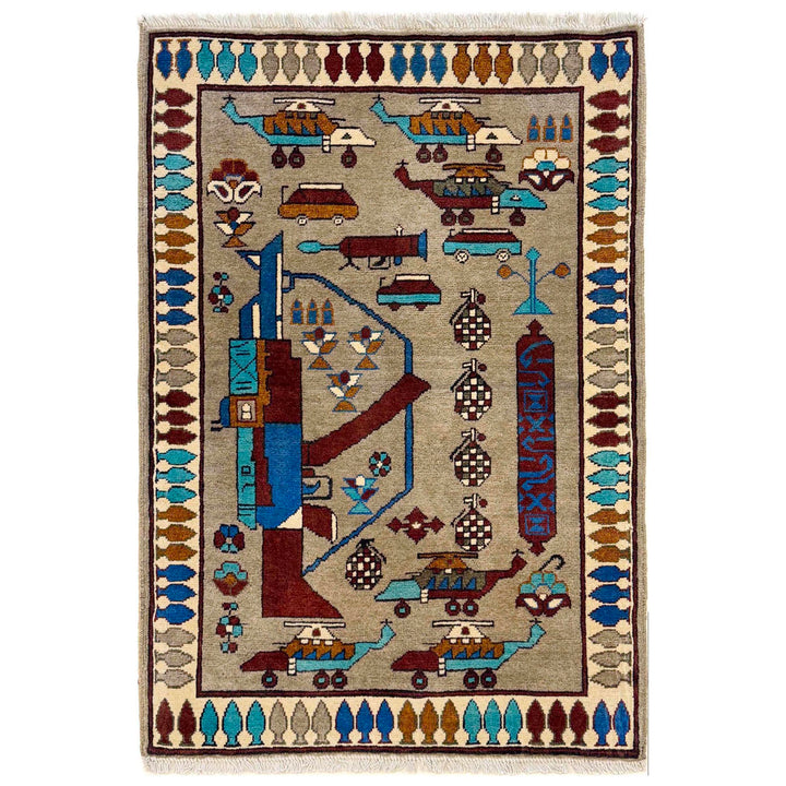 Grey Afghan War Rug 2' 10" x 4' 0" Hand-Knotted