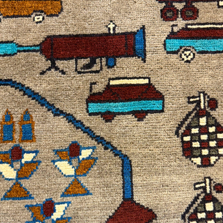 Grey Afghan War Rug 2' 10" x 4' 0" Hand-Knotted border