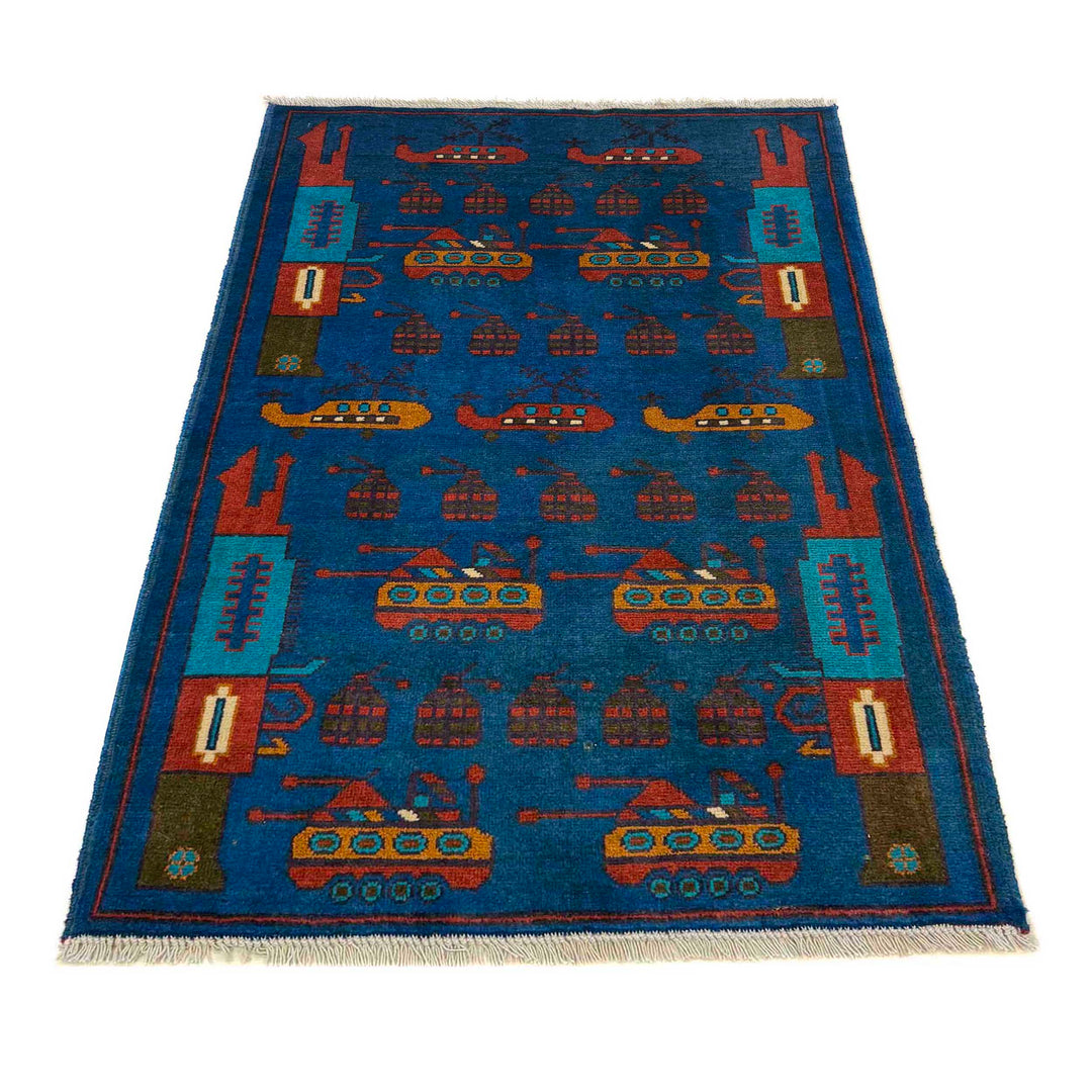 Blue Afghan War Rug 2' 9" x 4' 0" Hand-Knotted detail