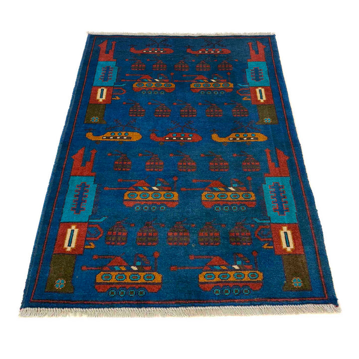 Blue Afghan War Rug 2' 9" x 4' 0" Hand-Knotted detail