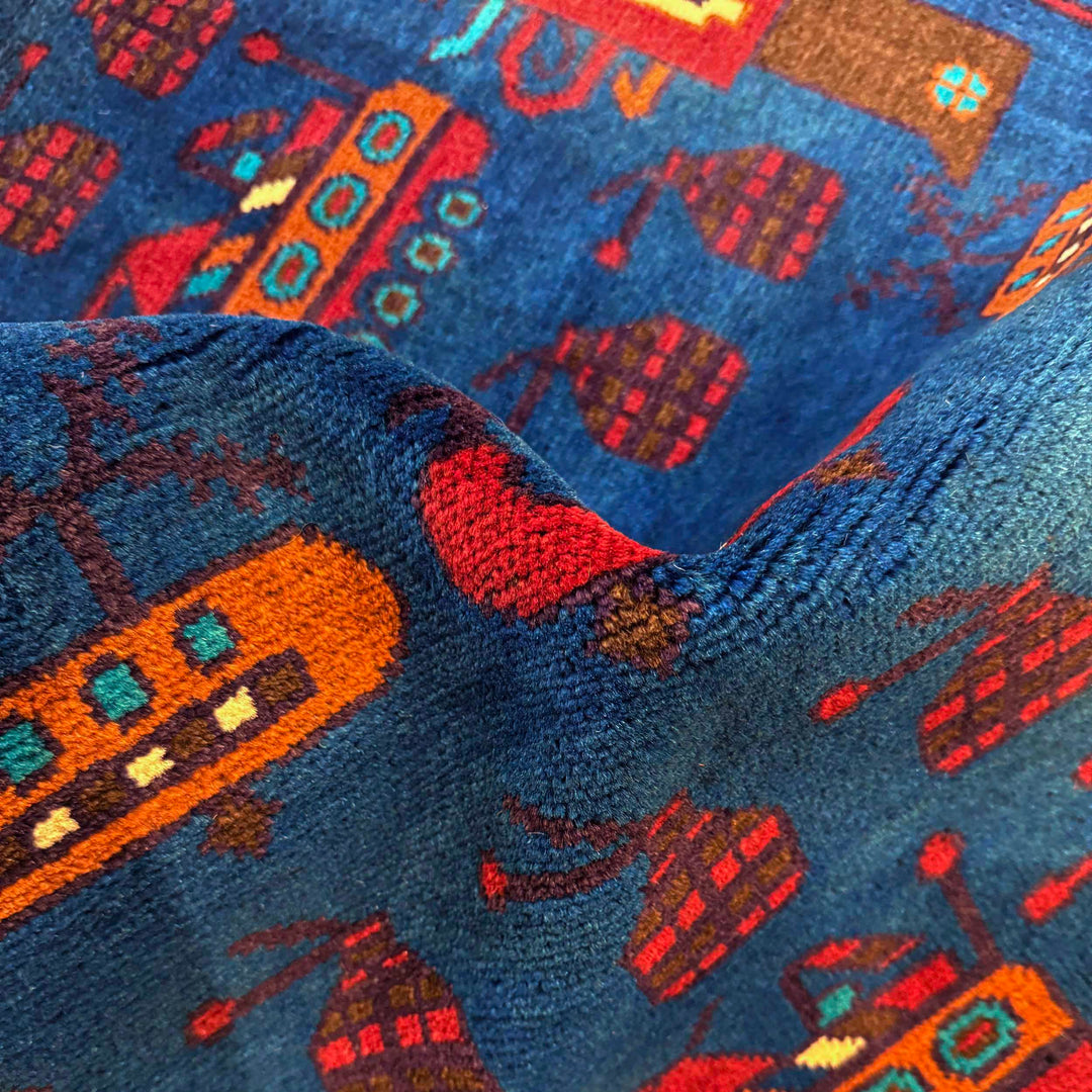 Blue Afghan War Rug 2' 9" x 4' 0" Hand-Knotted reverse