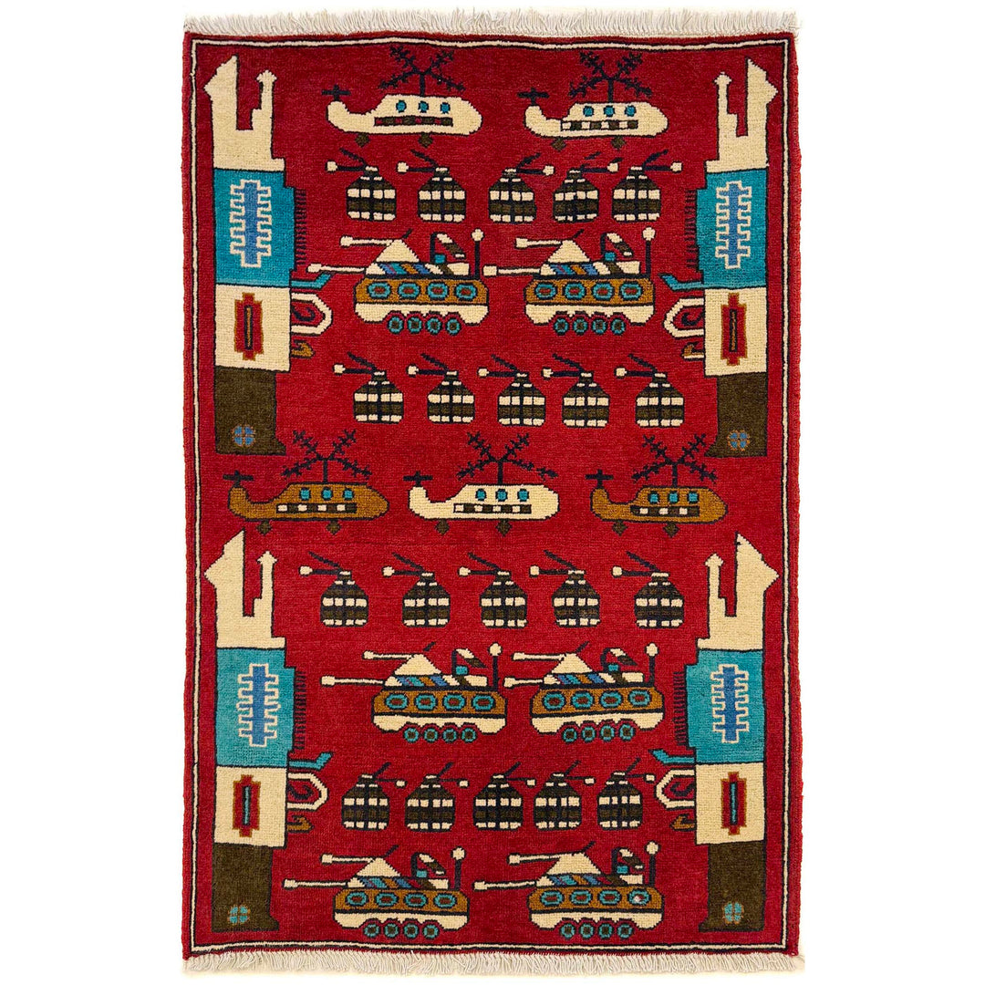 Red Afghan War Rug 2' 7" x 3' 10" Hand-Knotted
