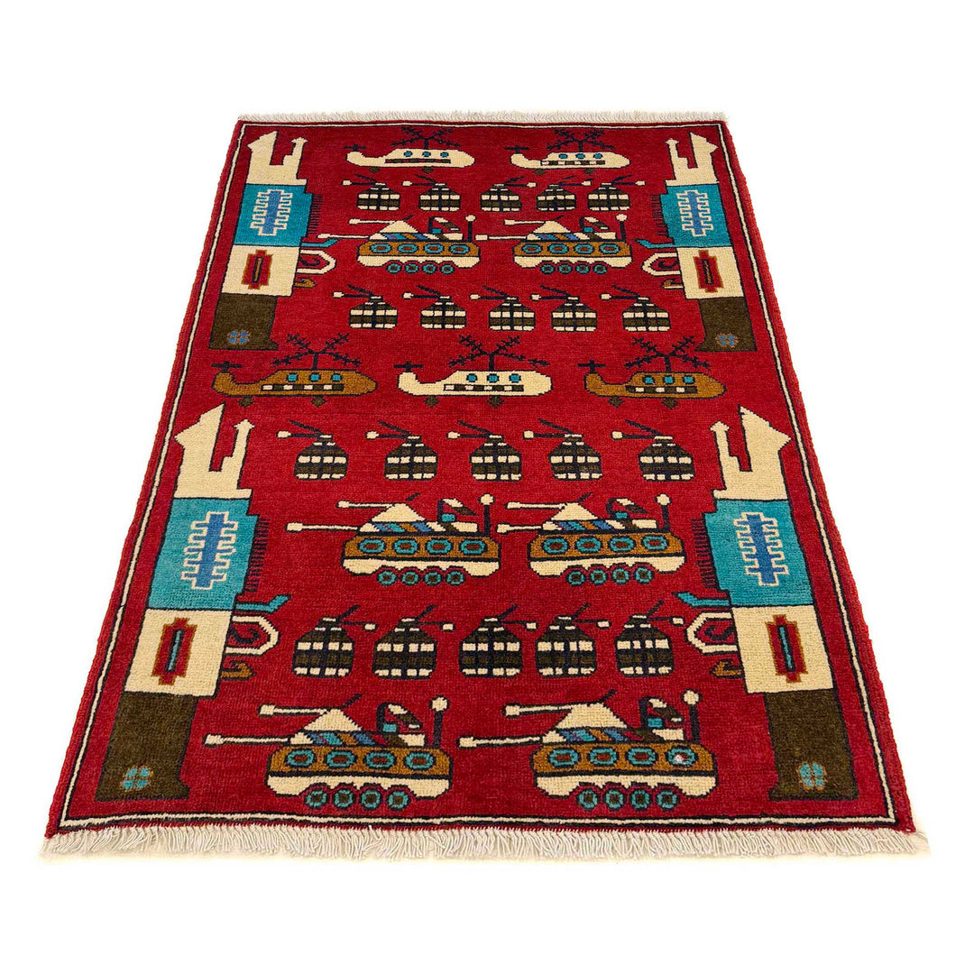Red Afghan War Rug 2' 7" x 3' 10" Hand-Knotted detail
