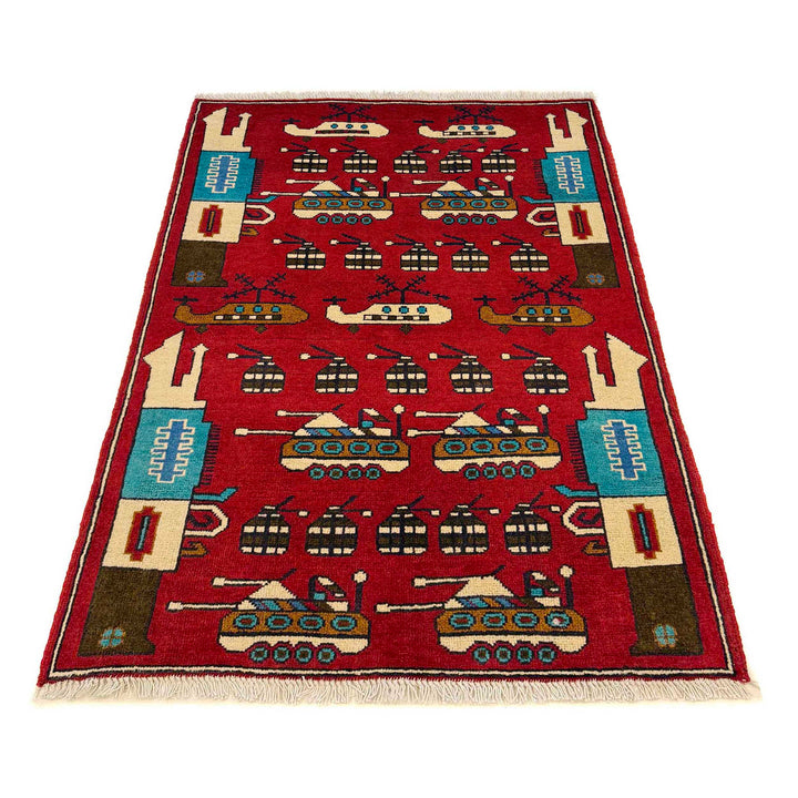 Red Afghan War Rug 2' 7" x 3' 10" Hand-Knotted detail