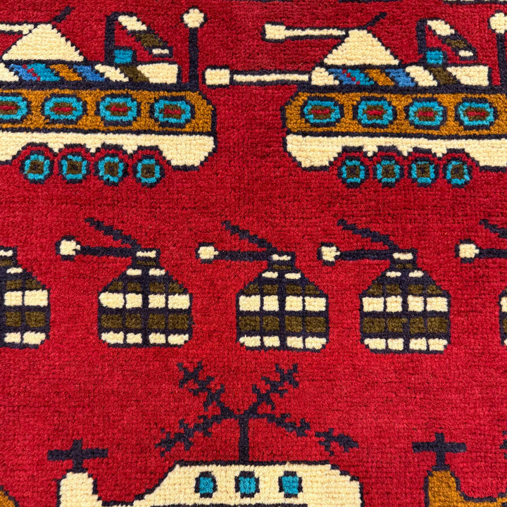 Red Afghan War Rug 2' 7" x 3' 10" Hand-Knotted border