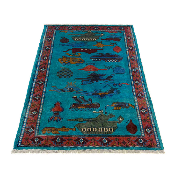 Blue Afghan War Carpet Rug 2' 7" x 4' 2" Hand-Knotted detail