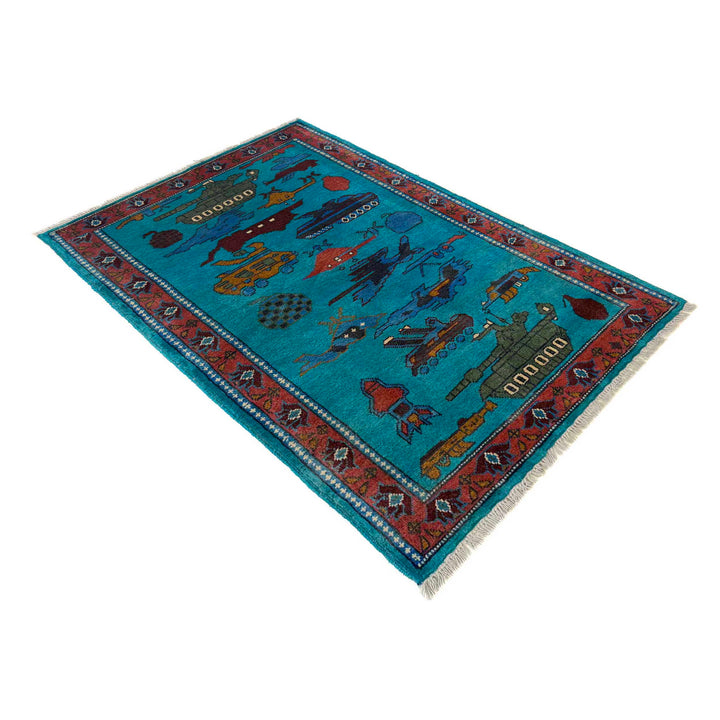 Blue Afghan War Carpet Rug 2' 7" x 4' 2" Hand-Knotted view