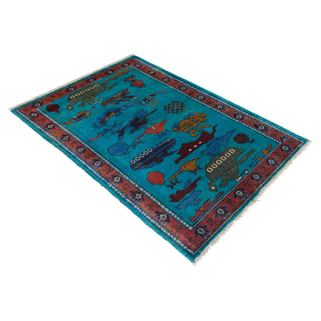 Blue Afghan War Carpet Rug 2' 7" x 4' 2" Hand-Knotted close-up