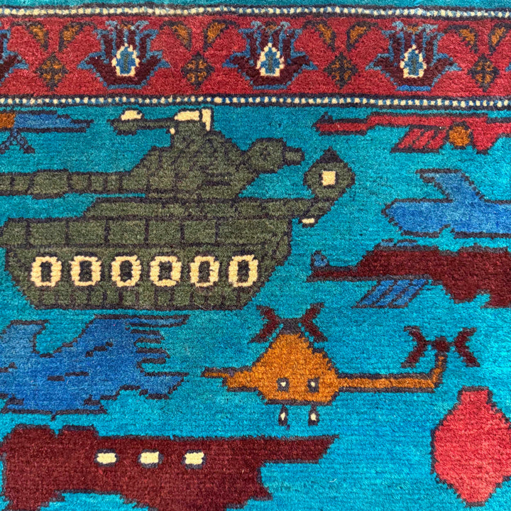 Blue Afghan War Carpet Rug 2' 7" x 4' 2" Hand-Knotted border