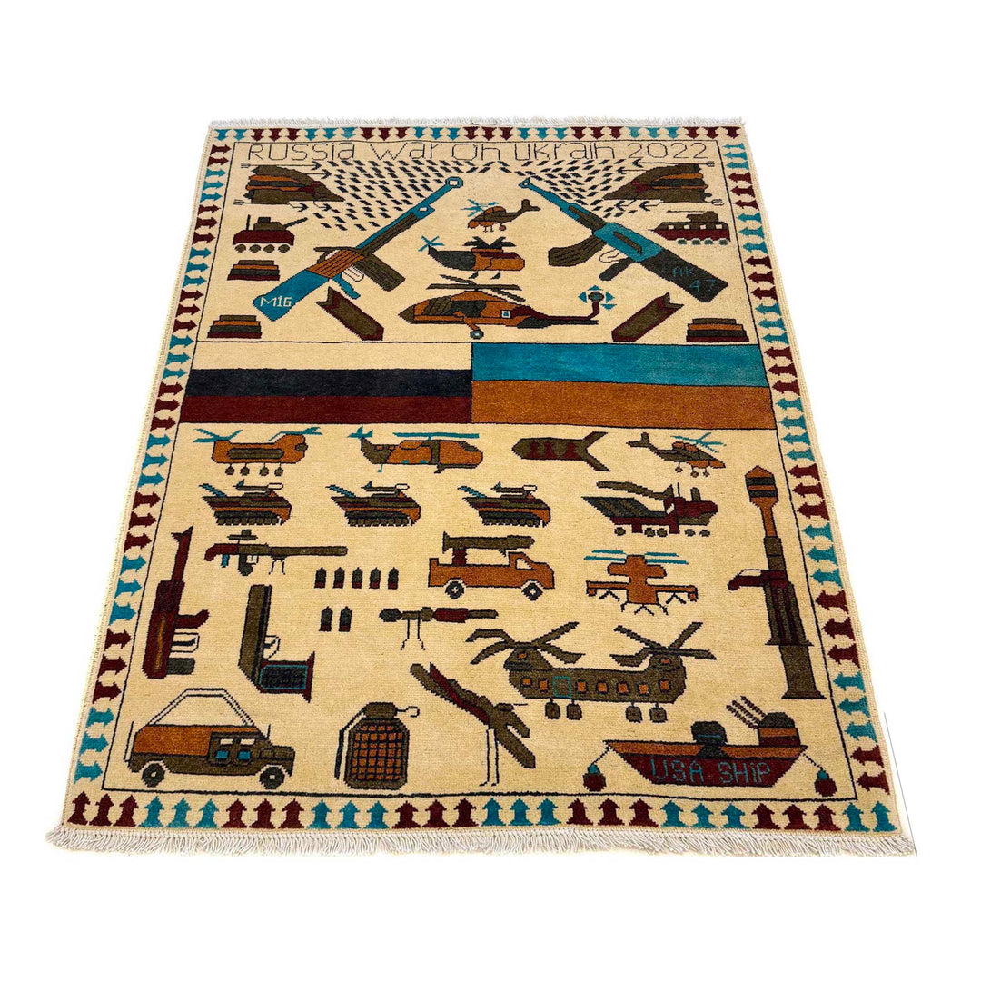 Beige Afghan War Carpet Rug 3' 5" x 4' 10" Hand-Knotted detail