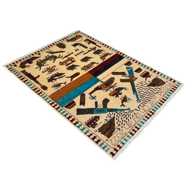 Beige Afghan War Carpet Rug 3' 5" x 4' 10" Hand-Knotted close-up