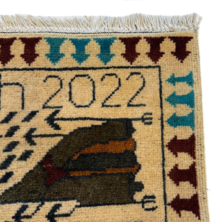 Beige Afghan War Carpet Rug 3' 5" x 4' 10" Hand-Knotted pattern