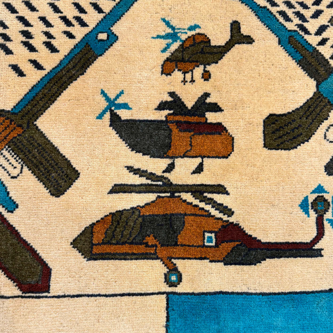 Beige Afghan War Carpet Rug 3' 5" x 4' 10" Hand-Knotted border