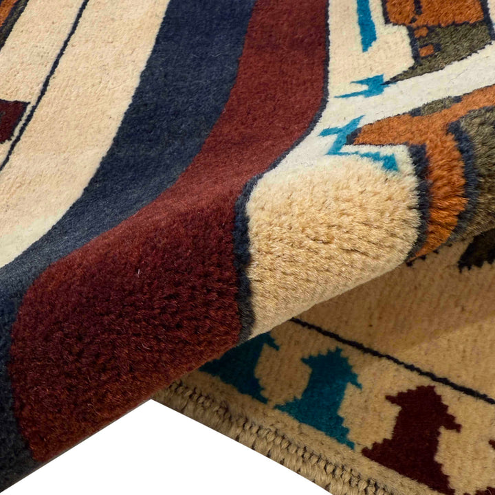 Beige Afghan War Carpet Rug 3' 5" x 4' 10" Hand-Knotted reverse