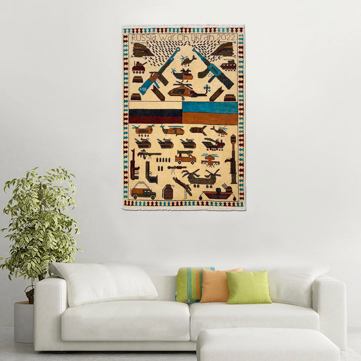 Beige Afghan War Carpet Rug 3' 5" x 4' 10" Hand-Knotted view 9