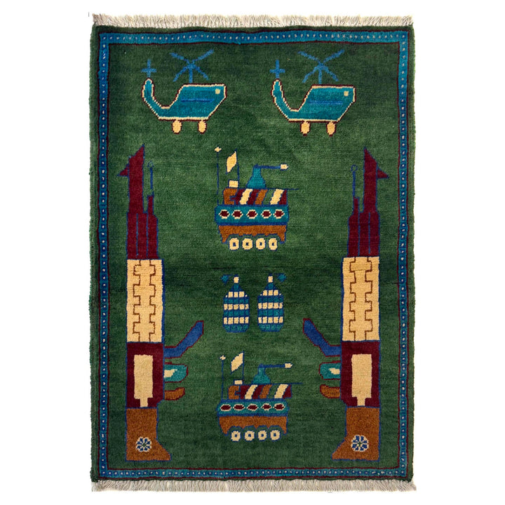 Green Afghan War Rug 2' 0" x 2' 10" Hand-Knotted | No. AL24965